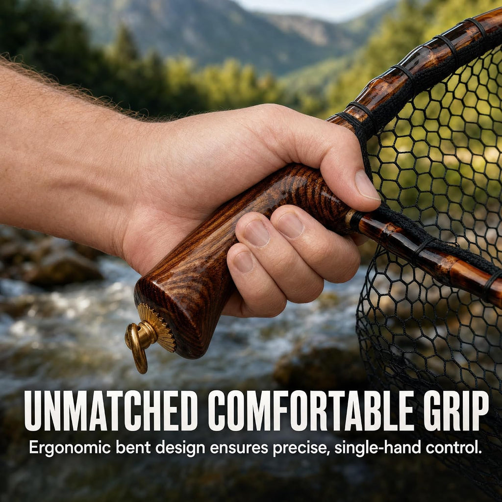 Premium Handcrafted Fly Fishing Net with Natural Bamboo Frame, Rubber Hex Mesh, Brass Lanyard Ring, Trout Stream Size