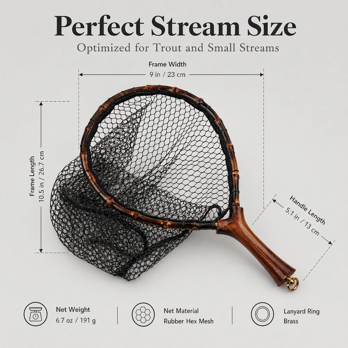 Premium Handcrafted Fly Fishing Net with Natural Bamboo Frame, Rubber Hex Mesh, Brass Lanyard Ring, Trout Stream Size