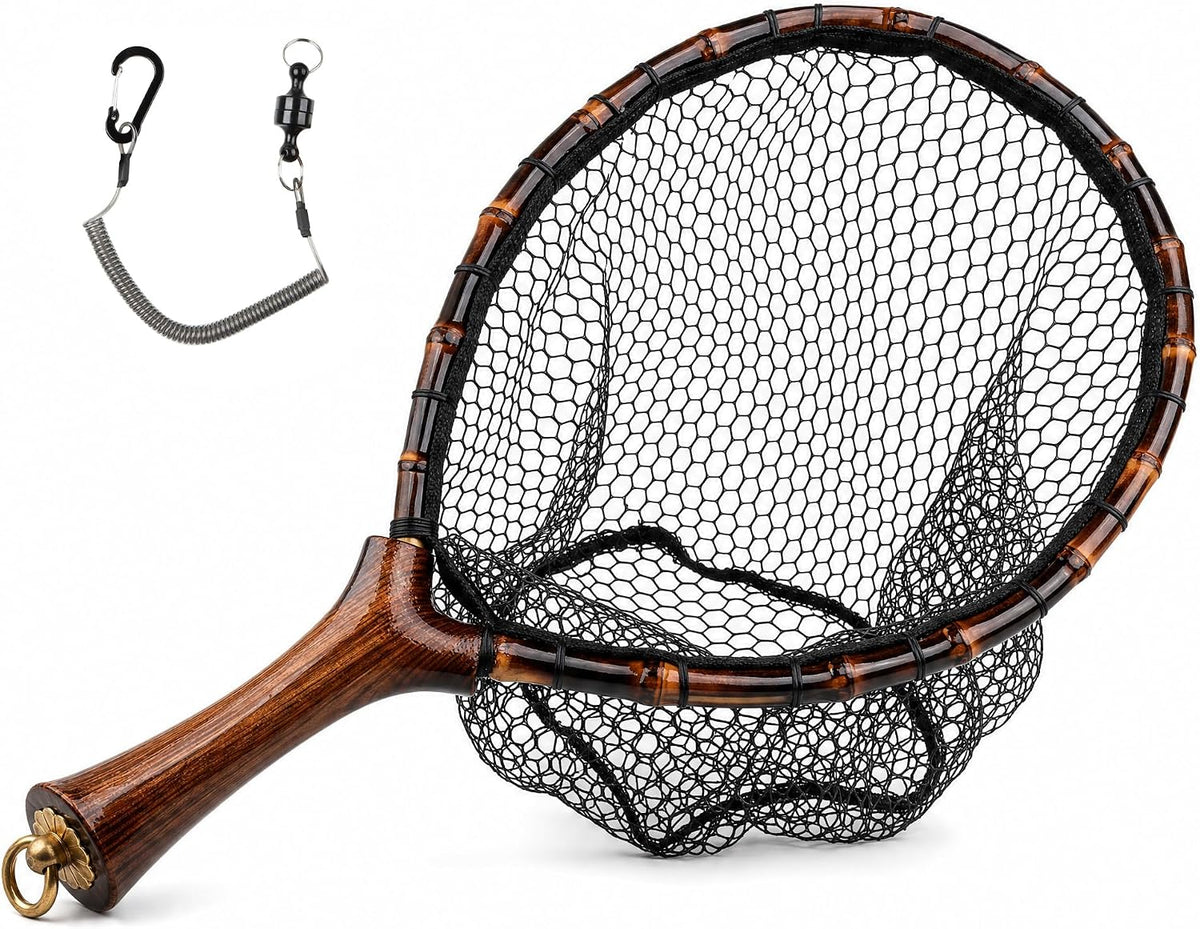 Premium Handcrafted Fly Fishing Net with Natural Bamboo Frame, Rubber Hex Mesh, Brass Lanyard Ring, Trout Stream Size