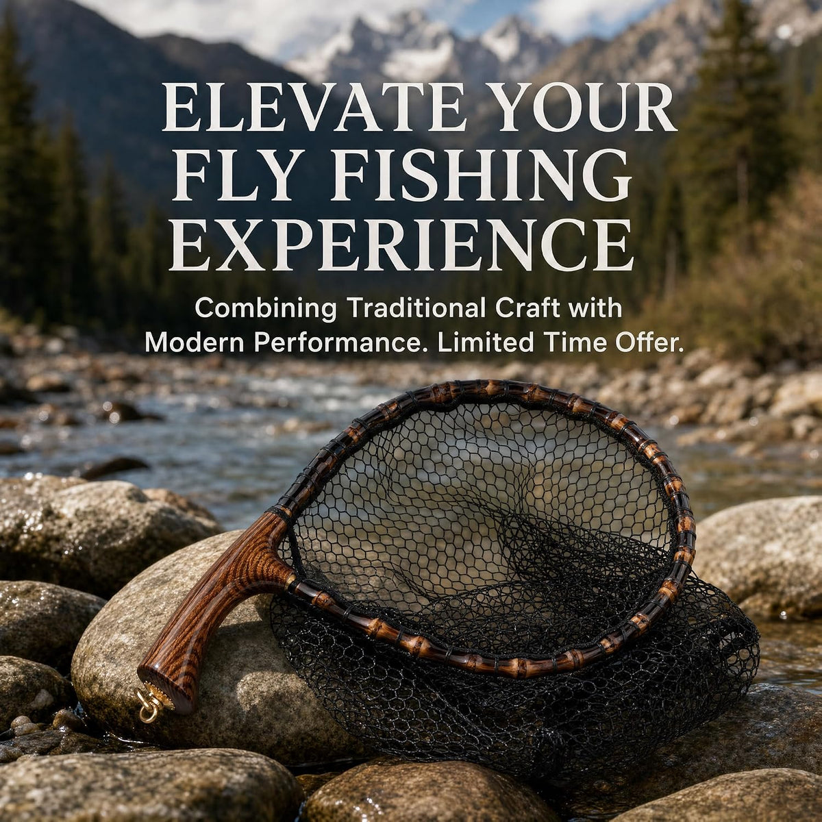Premium Handcrafted Fly Fishing Net with Natural Bamboo Frame, Rubber Hex Mesh, Brass Lanyard Ring, Trout Stream Size