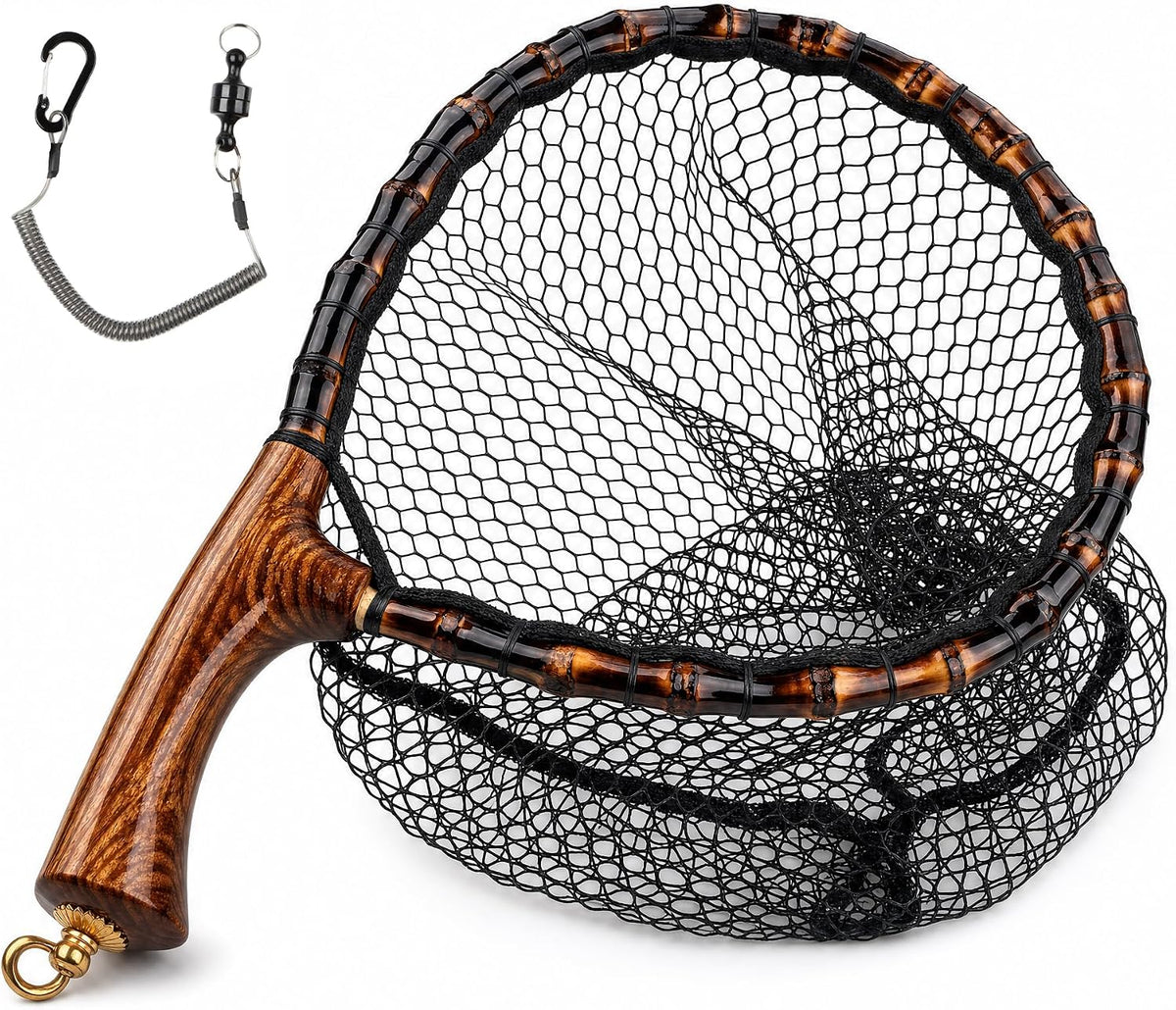 Premium Handcrafted Fly Fishing Net with Natural Bamboo Frame, Rubber Hex Mesh, Brass Lanyard Ring, Trout Stream Size