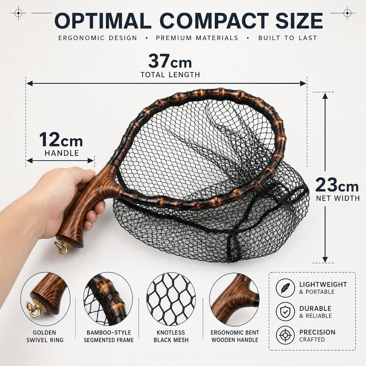 Premium Handcrafted Fly Fishing Net with Natural Bamboo Frame, Rubber Hex Mesh, Brass Lanyard Ring, Trout Stream Size