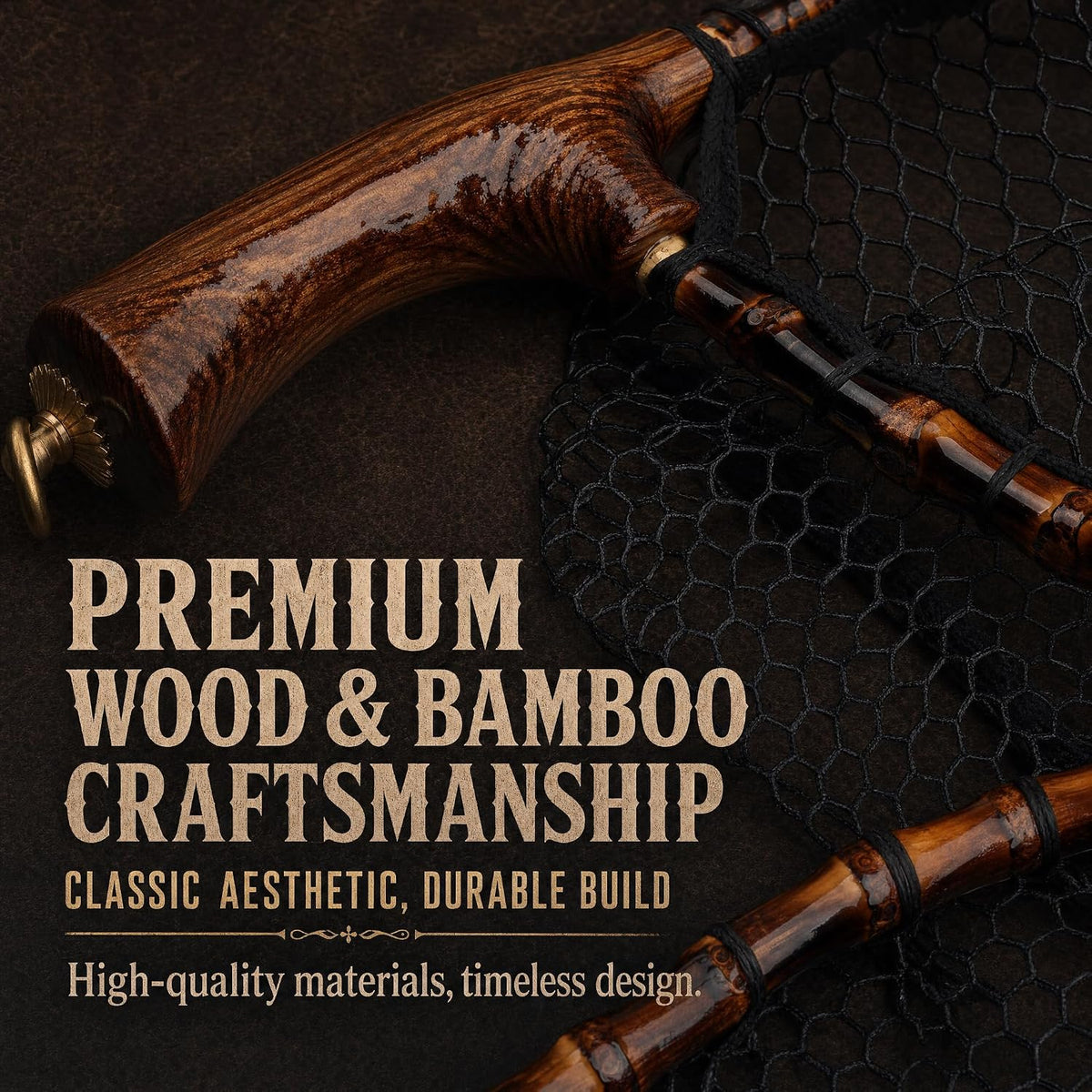 Premium Handcrafted Fly Fishing Net with Natural Bamboo Frame, Rubber Hex Mesh, Brass Lanyard Ring, Trout Stream Size