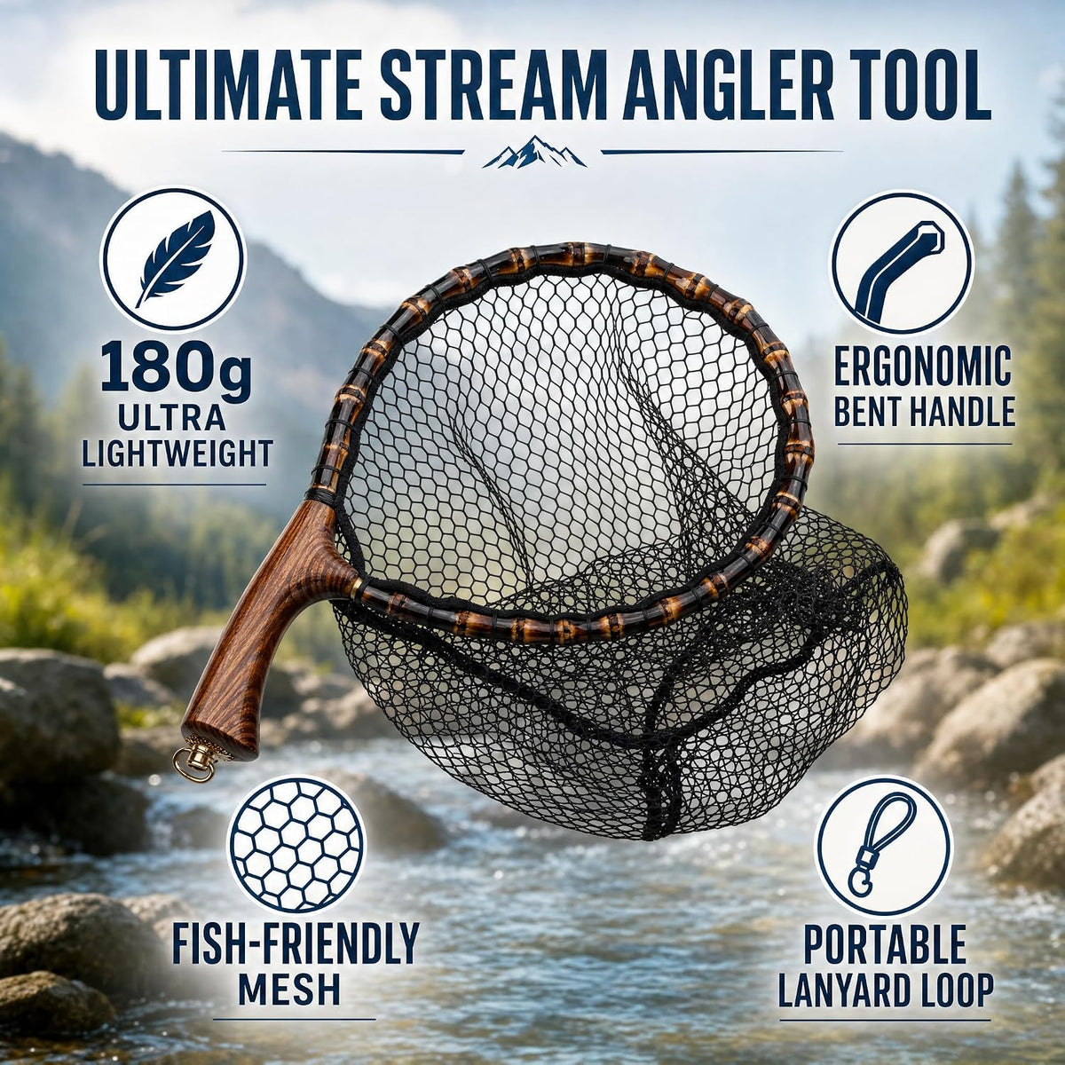 Premium Handcrafted Fly Fishing Net with Natural Bamboo Frame, Rubber Hex Mesh, Brass Lanyard Ring, Trout Stream Size