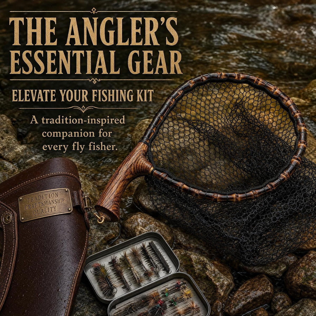 Premium Handcrafted Fly Fishing Net with Natural Bamboo Frame, Rubber Hex Mesh, Brass Lanyard Ring, Trout Stream Size