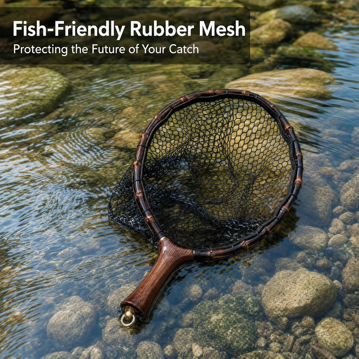 Premium Handcrafted Fly Fishing Net with Natural Bamboo Frame, Rubber Hex Mesh, Brass Lanyard Ring, Trout Stream Size